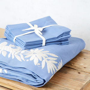 Tenango blue and ecru tablecloth set 180x245cm with 8 blue napkins