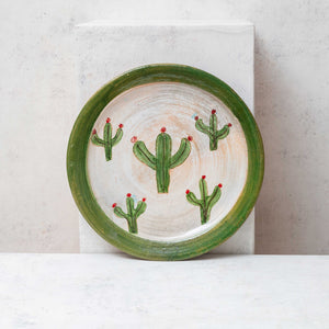 Plateau Rond Argile Peinte Bord Vert Vaisselle Cactus