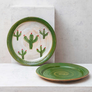 Plateau Rond Argile Peinte Bord Vert Vaisselle Cactus