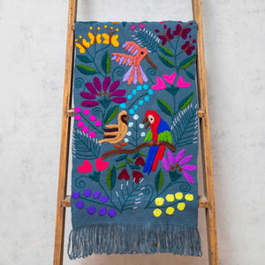 Zinacantán embroidered tapestry in greyish blue and multicolour