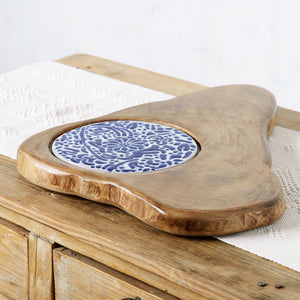 Irregular wooden board with blue ceramic