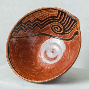 Painted clay spirals fruit bowl, in brown tones