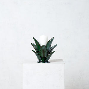 Glazed Clay Candle Holder, Green Pineapple Leaves