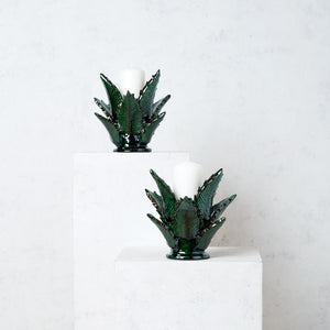 Glazed Clay Candle Holder, Green Pineapple Leaves