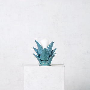 Candle holder glazed clay leaves turquoise pineapple