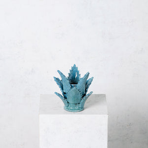 Candle holder glazed clay leaves turquoise pineapple