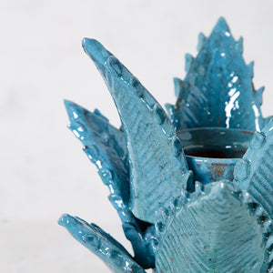 Candle holder glazed clay leaves turquoise pineapple