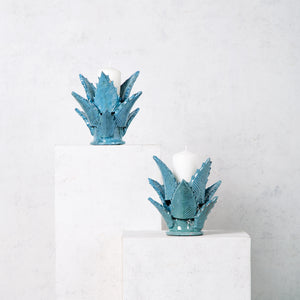 Candle holder glazed clay leaves turquoise pineapple