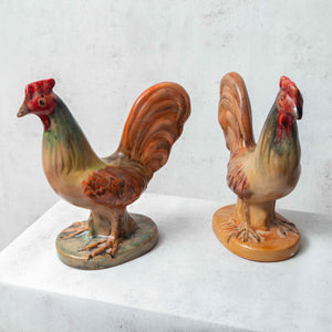 Pair of small Majolica Roosters