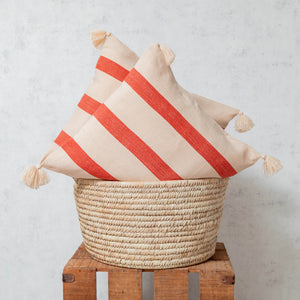 Pedal loom tassels cushion in beige and tile stripes