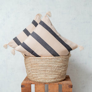 Pedal loom tassels cushion in beige and black stripes