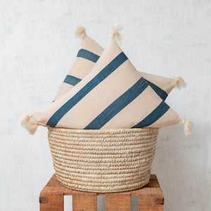 Pedal loom tassels cushion in beige and black stripes