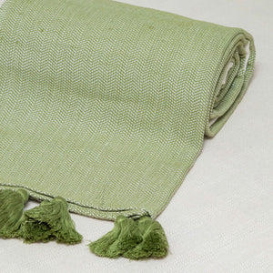 Green and ecru pedal loom Zigzag blanket.