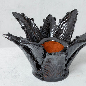 Black glazed clay pineapple leaf candle holder