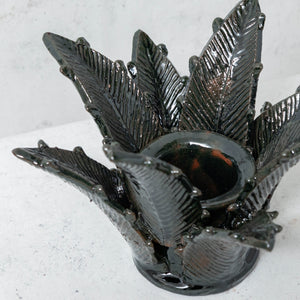 Brown glazed clay pineapple leaf candle holder