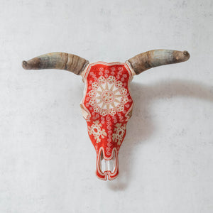 Huichol cow head in tile and beige thread