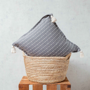 Pedal Loom Tassels Cushion in gray and ecru tones
