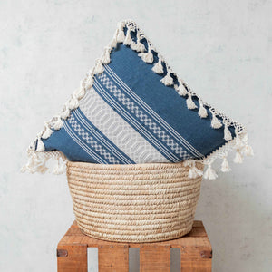 Blue and ecru pedal loom tassels cushion