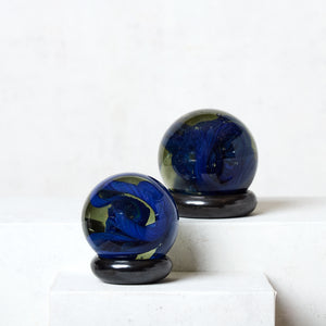 Set of 2 Blown Glass Paperweights in Cobalt with Black Clay Base