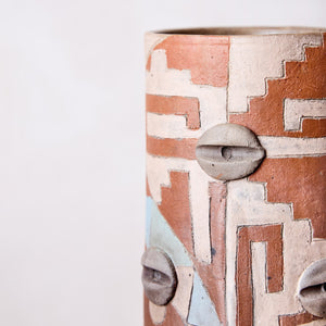 Zapotec Painted Clay Vase Cylinder Three Eyes