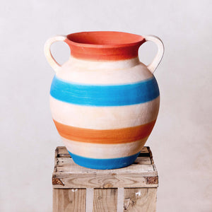 Painted clay vessel with blue and earth striped handles