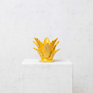 Candle holder glazed clay pineapple leaves mustard