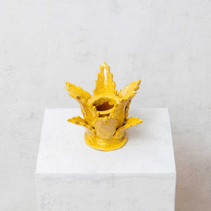 Candle holder glazed clay pineapple leaves mustard