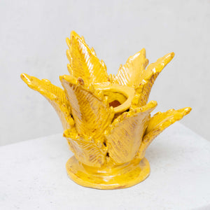 Candle holder glazed clay pineapple leaves mustard