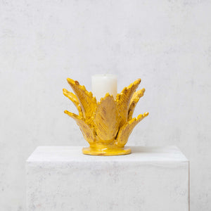 Candle holder glazed clay pineapple leaves mustard