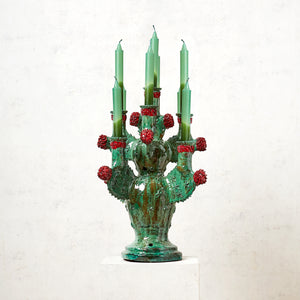 Candelabro Barro Esmaltado Cactus Nopalera verde