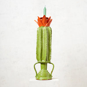 Candelabro Cactus Barro Vidriado verde y naranja