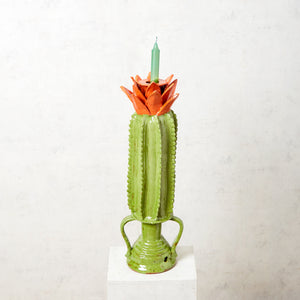 Candelabro Cactus Barro Vidriado verde y naranja