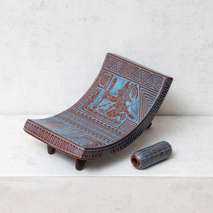 Metate décoratif en argile sgraffito préhispanique bleue