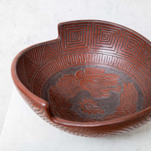 Brown Feathered Serpent Sgraffito Clay Bowl