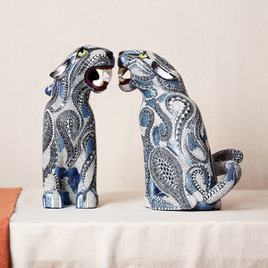 Pareja Jaguar Alebrije Madera Tallada azul y plateado