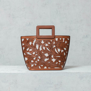 Brown die-cut leather and raw linen "Shopper" bag