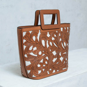 Brown die-cut leather and raw linen "Shopper" bag
