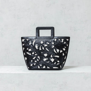 Black die-cut leather and raw linen "Shopper" bag