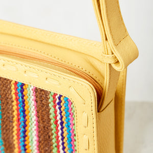 Mini yellow leather and brocade loom bag