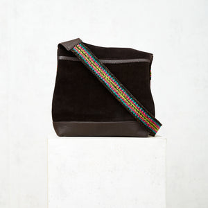Brown leather shingle canvas shoulder bag
