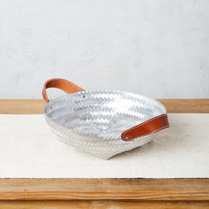 Woven aluminum basket with leather handle