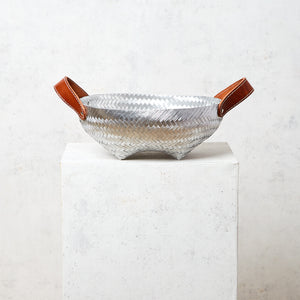 Woven aluminum basket with leather handle