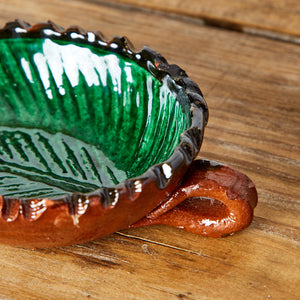 Green leaf glazed clay bowl