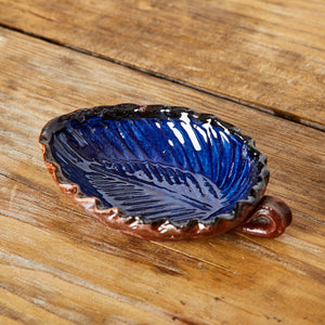 Blue glazed clay leaf bowl