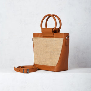 Jute and brown leather trapeze bag