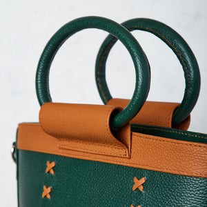 AV bag in green leather and brown stitching