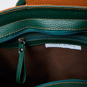 AV bag in green leather and brown stitching